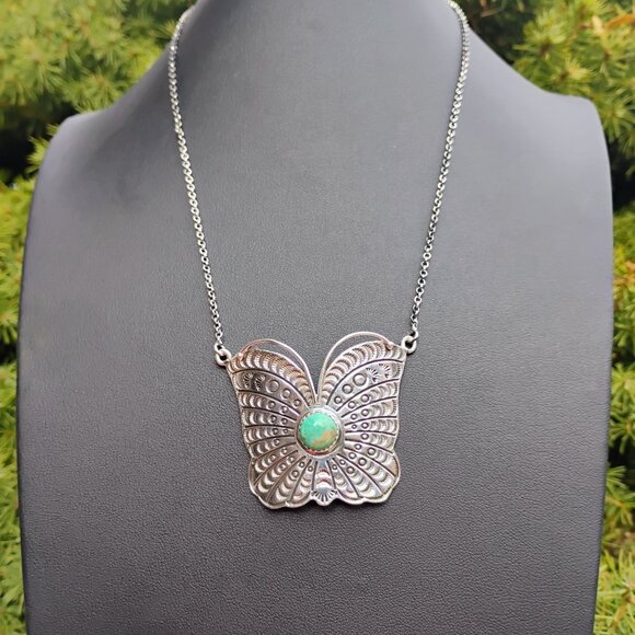 Handmade Southwest Sterling Silver Butterfly Pendant Necklace w/Turquoise - Picture 2 of 10